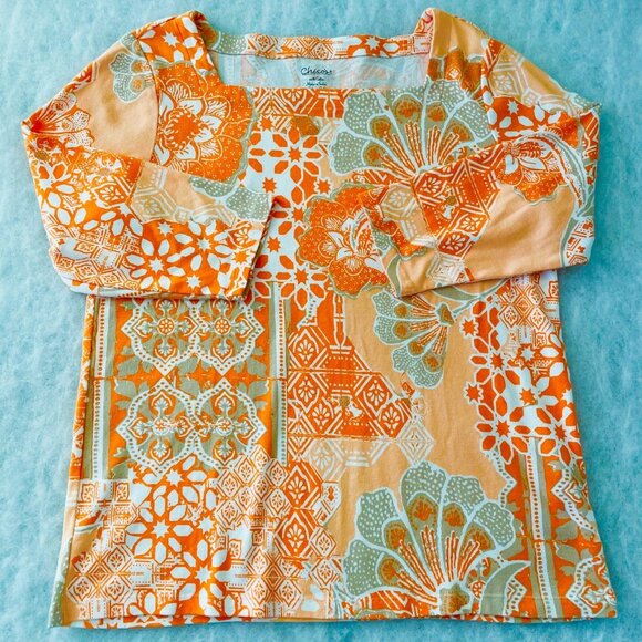 Chico's Womens Orange 3/4 Sleeve Bohemian Mosaic Floral Tunic Top Size 3 US XL - Picture 1 of 8